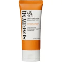 Orange and white tube of Some by Mi V10 Hyal Airfit Sunscreen SPF 50, 50ml, with bold black and orange text.