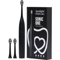 Black Sonic One electric toothbrush with sleek design, two extra brush heads, and branded packaging.