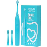 Blue Sonic One electric toothbrush with two extra brush heads and matching box featuring a heart design.