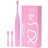 Pink Sonic One electric toothbrush with two brush heads, featuring a sleek design and matching pink packaging.