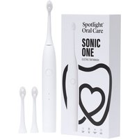 White Sonic One electric toothbrush with sleek design, three brush heads, and branded packaging by EU Spotlight Oral Care.
