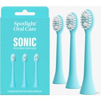 Blue Sonic toothbrush replacement heads with soft bristles, shown with matching packaging by Spotlight Oral Care.