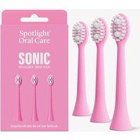 Pink Sonic toothbrush replacement heads with soft bristles, shown with matching packaging by Spotlight Oral Care.