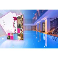 Spa Experience Gift Pack with pink ribbon, spa images, and blue indoor pool background.