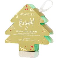 Tree-shaped Spongellé body wash buffer, green with festive packaging, labeled "Mistletoe Dreams," 50g size.