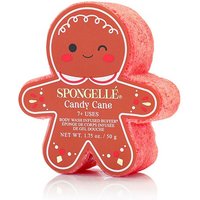 Red gingerbread man-shaped Spongellé Candy Cane Body Wash Infused Buffer, 50g, with decorative white accents.