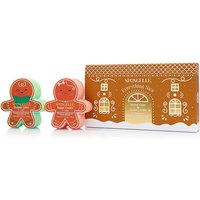 Spongellé gift set with gingerbread-shaped body wash buffers, one green and one red, in festive packaging.