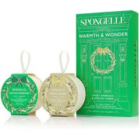 Spongellé gift set with two green and gold body buffers, festive wreath design, and matching green box.