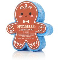 Blue gingerbread-shaped body wash buffer with brown label and white decorative accents.