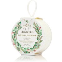Round Spongellé body wash buffer, white with festive wreath design and gold pear label, hanging loop attached.