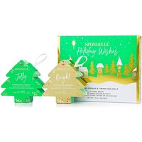 Green and gold tree-shaped Spongellé Holiday Wishes Body Wash Infused Buffers Gift Set with festive packaging.