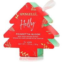 Tree-shaped red and green Spongellé Holly body wash buffer, Poinsettia Bloom scent, with festive floral design.