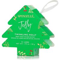 Green tree-shaped body wash buffer with festive holly design, labeled "Spongellé Jolly Twinkling Holly 50g."