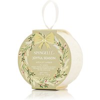 Round Spongellé body wash buffer in apricot amber, with festive wreath design and ribbon loop.