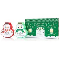 Snowman-shaped body wash buffers in red and green, with a festive green box labeled "Let it Snow" and "Arctic Lily."