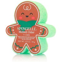 Gingerbread-shaped green body wash buffer with red label, featuring festive design and "Spongellé Mulled Cider" text.