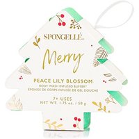 Tree-shaped body wash buffer with floral design, labeled "Spongellé Merry Peace Lily Blossom," 50g.