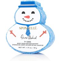 Snowman-shaped blue Spongellé Snow Orchid body wash buffer with smiling face and red scarf design, 50g.