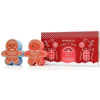 Spongellé Sugar & Spice gift set with gingerbread-shaped body wash buffers in red and blue packaging.