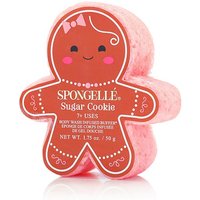 Spongellé Sugar Cookie Body Wash Buffer, pink gingerbread shape with smiling face and bow, 50g.