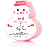 Pink snowman-shaped body wash buffer with white label, red arms, and smiling face, 50g by Spongellé.