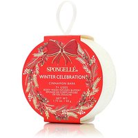 Spongellé Winter Celebration Body Wash Buffer, round red packaging with festive wreath design, cinnamon bark scent.
