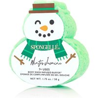 Snowman-shaped green body wash buffer with winter hat and scarf design, labeled "Spongellé Winter Jasmine."