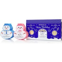 Spongellé Winter Wonderland gift set with snowman-shaped body buffers, blue and pink, in festive packaging.