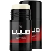 Black Huub sport lubricant stick with red accents and white cap, labeled for anti-chafe use on body and wetsuit.
