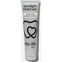 White tube of Spotlight Oral Care Advanced Action Whitening Pro Toothpaste, 100ml, with black text and tooth icon.