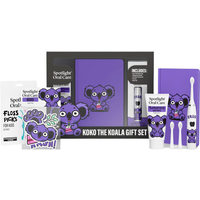 Spotlight Oral Care Kids Koko Koala Gift Set with purple koala-themed toothbrush, toothpaste, floss, and stickers.