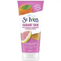 St. Ives Radiant Skin scrub tube, pink label, pink lemon and orange images, 150ml size.