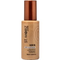 St. Moriz Advanced Glow Oil Body Illuminator, 100 ml, gold bottle with bronze cap and black text.