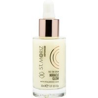 St. Moriz Advanced Miracle Glow Face Tan Serum 30 ml with gold cap and dropper, white label with black text.