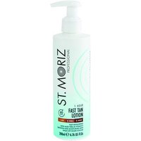 White St. Moriz Fast Tan Lotion bottle with pump, green accents, and black text detailing 1-hour tan formula.
