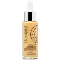 St. Moriz Face Tan Serum Light, 25 ml bottle with dropper, beige label, gold and black text, circular design.