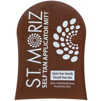 Brown St. Moriz self tan applicator mitt with white logo and text, designed for streak-free, stain-free tanning application.