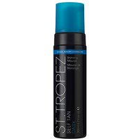 Black bottle of St.Tropez Self Tan Dark Bronzing Mousse, 200ml, with blue cap and bold white text.