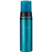 Turquoise bottle of St. Tropez Self Tan Express Advanced Bronzing Mousse, 200ml, with black pump dispenser.