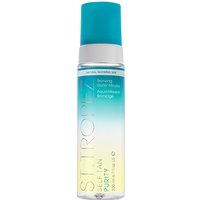 Clear bottle of St.Tropez Self Tan Purity Body Mousse, turquoise cap, gradient label, 200ml size.