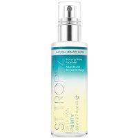 Clear bottle of St.Tropez Self Tan Purity Face Mist, 80ml, with blue and white label, silver spray nozzle.