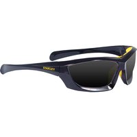 Black Stanley SY180 full frame safety glasses with yellow accents and dark tinted lenses.
