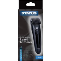 Black STATUS Cannes rechargeable hair clippers with ergonomic grip and adjustable trimming comb.