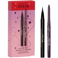Stila eyeliner duo with black liquid pen and purple pencil, in pink and red starry packaging.