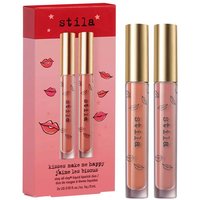 Stila liquid lipstick duo with gold caps, pink and peach shades, in a pink box with lip illustrations.