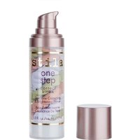Stila One Step Correct primer, 30ml bottle with a swirl of green, lavender, and peach colors, rose gold pump.