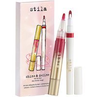 Stila Shine & Define Red Lip Duo with gold and white pens, red lip color, and illustrated packaging.