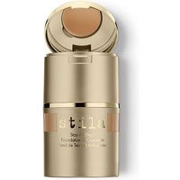 Stila Stay All Day Foundation & Concealer in Almond 11, gold cylindrical bottle with flip-top concealer compartment.