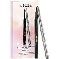 Stila Stroke of Genius Eye Duo with black and silver eyeliner pens beside a pastel pink and white box.