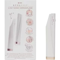 Stylpro 2-In-1 Light Up Sonic Dermaplane, sleek white design with rose gold accents, boxed with illustrations.